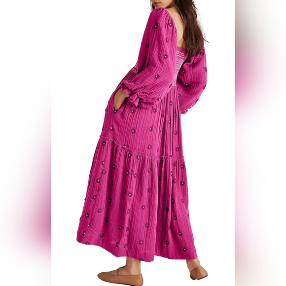 Shy Velvet Women's Summer Dress - Long Sleeve Square Neck Embroidered maxi dress - Picture 4 of 8